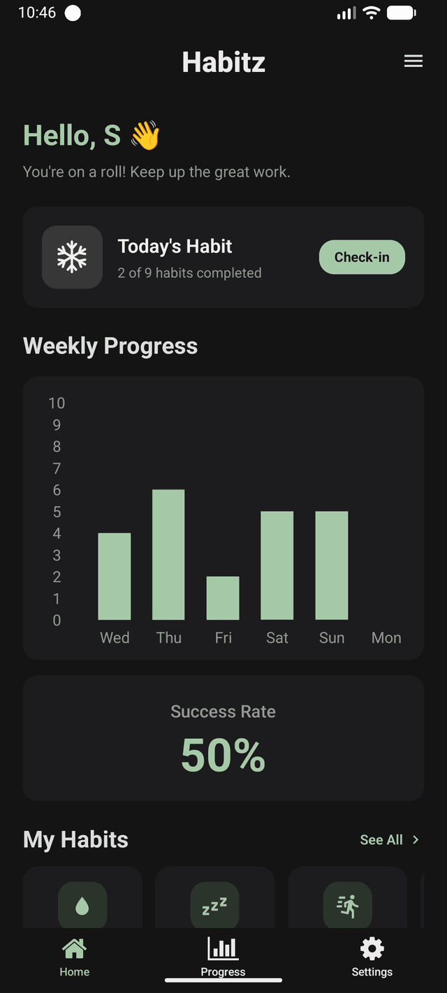 Habitz home screen — daily habits, weekly bar chart, success rate
